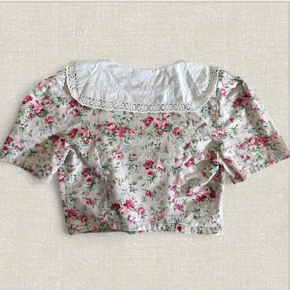 Vintage Allison Rose Dragon Fly Floral Crop Top Pink Rose Eyelet Lace Collar 90s - Picture 6 of 6